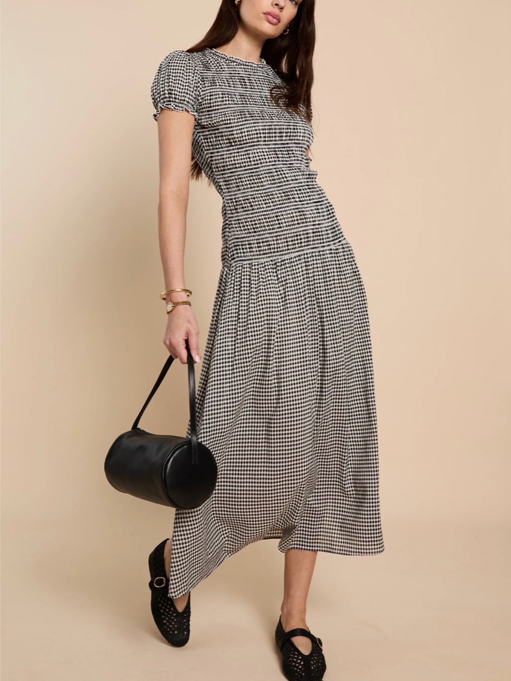 Black & White Gingham Smocked Midi Dress